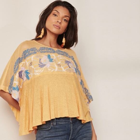 Free people yellow orange embroidered batwing slouch sleeve blouse - Picture 2 of 3